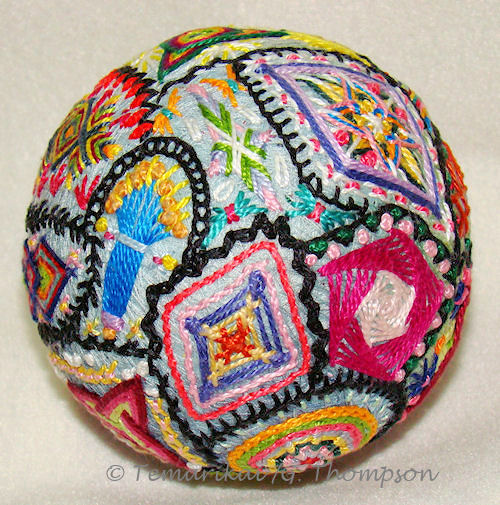 "Crazy Quilt" style free embroidery; common and temari stitches